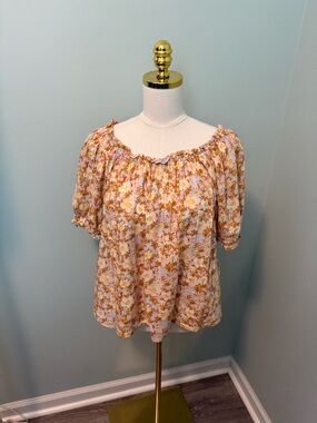Gap Relaxed Floral Print Puff Sleeve Boatneck Top- Small